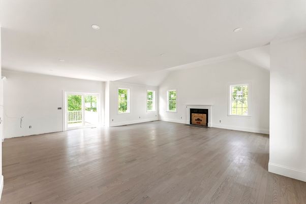 Empty room, Fireplace, Interior, Recessed Lighting, Wood Texture Flooring