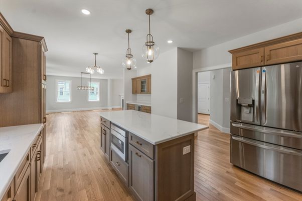 Interior, Kitchen, Pendant Lights, Recessed Lighting, Stainless Steel Appliances, Wood Texture Flooring