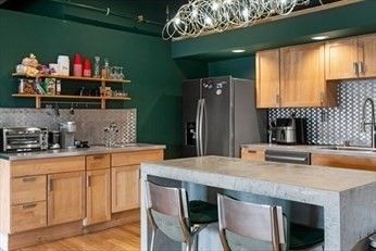 Chandelier, Interior, Kitchen, Recessed Lighting, Stainless Steel Appliances, Wood Texture Flooring