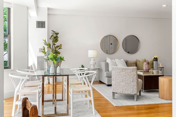 Dining room, Interior, Living room, Recessed Lighting, Wood Texture Flooring