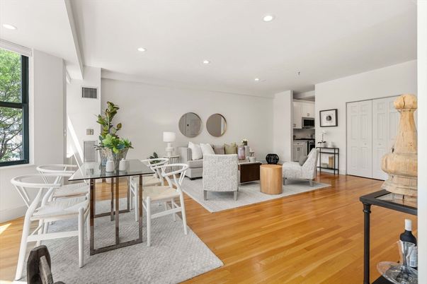 Dining room, Interior, Kitchen, Living room, Recessed Lighting, Stainless Steel Appliances, Wood Texture Flooring