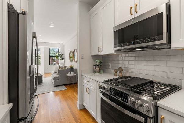 Interior, Kitchen, Living room, Recessed Lighting, Stainless Steel Appliances, Wood Texture Flooring