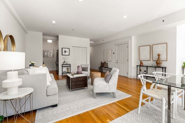 Dining room, Interior, Living room, Recessed Lighting, Wood Texture Flooring
