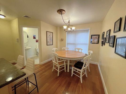 Bathroom, Chandelier, Dining room, Interior, Wood Texture Flooring
