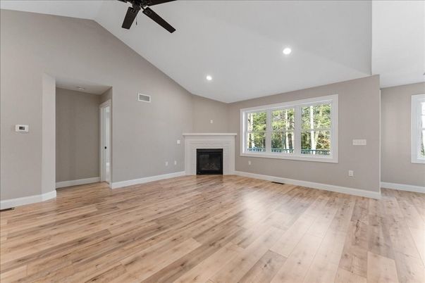 Empty room, Fireplace, Interior, Recessed Lighting, Wood Texture Flooring