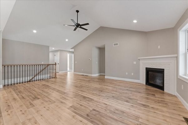Empty room, Fireplace, Interior, Recessed Lighting, Wood Texture Flooring