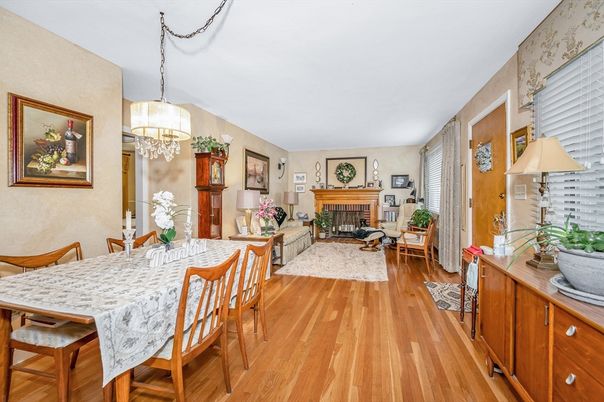 Chandelier, Dining room, Fireplace, Interior, Living room, Wood Texture Flooring