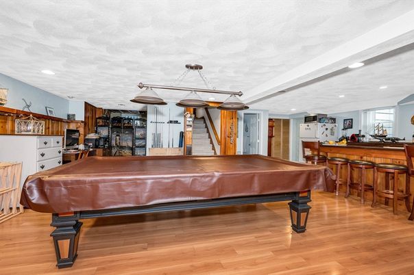 Billiard Table, Game Room, Interior, Pendant Lights, Recessed Lighting, Wood Texture Flooring