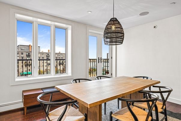 Dining room, Interior, Pendant Lights, Recessed Lighting, Water, Wood Texture Flooring
