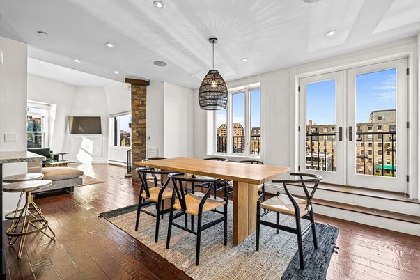 Dining room, Interior, Pendant Lights, Recessed Lighting, Wood Texture Flooring