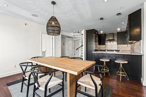 Dining room, Interior, Kitchen, Pendant Lights, Recessed Lighting, Stainless Steel Appliances, Wood Texture Flooring