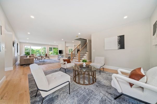 Dining room, Interior, Living room, Recessed Lighting, Wood Texture Flooring