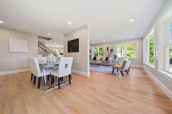 Dining room, Interior, Living room, Recessed Lighting, Wood Texture Flooring
