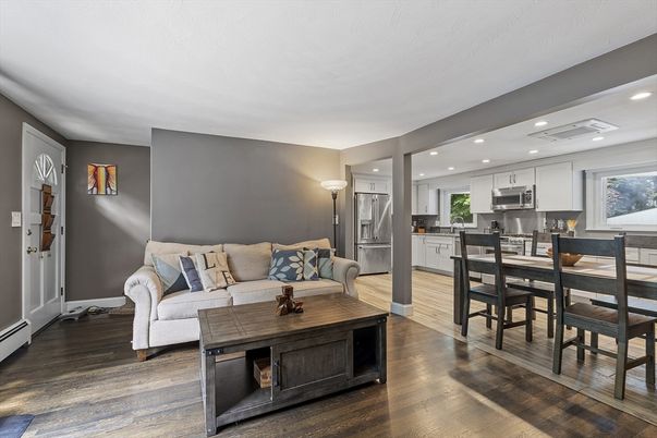Dining room, Interior, Kitchen, Living room, Recessed Lighting, Stainless Steel Appliances, Wood Texture Flooring