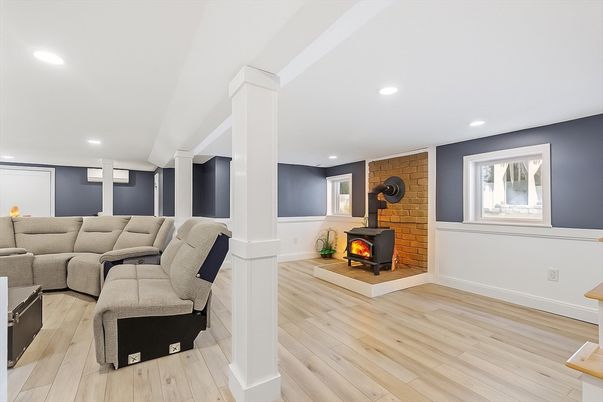 Fireplace, Interior, Living room, Recessed Lighting, Wood Texture Flooring