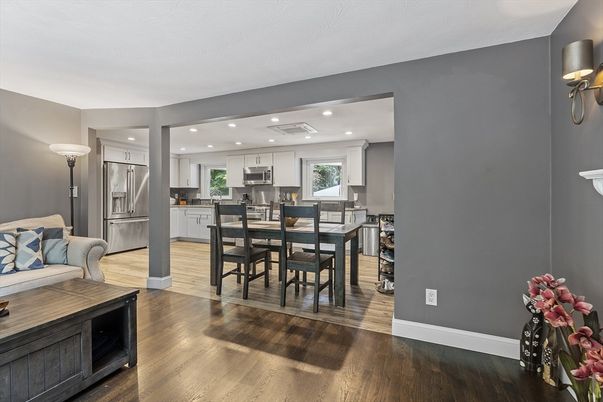 Dining room, Interior, Kitchen, Recessed Lighting, Stainless Steel Appliances, Wood Texture Flooring