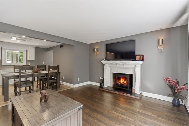 Dining room, Fireplace, Interior, Recessed Lighting, Wood Texture Flooring