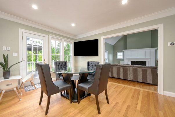 Dining room, Fireplace, Interior, Living room, Recessed Lighting, Wood Texture Flooring