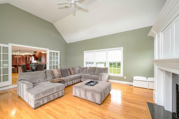 Dining room, Fireplace, Interior, Kitchen, Living room, Pendant Lights, Wood Texture Flooring