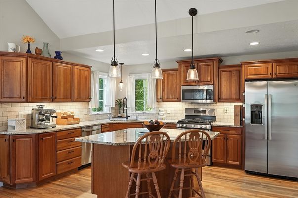 Interior, Kitchen, Pendant Lights, Recessed Lighting, Stainless Steel Appliances, Wood Texture Flooring