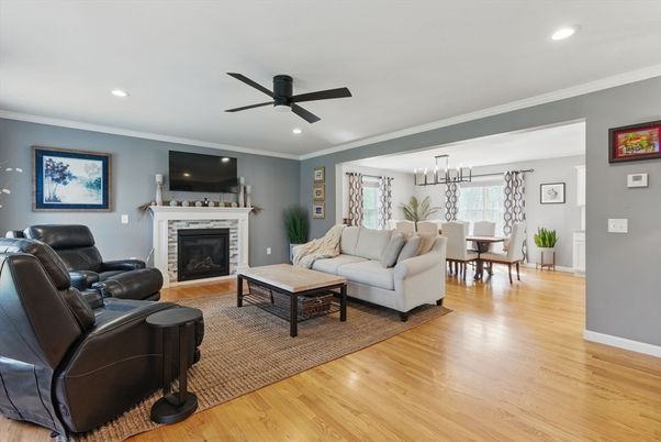 Dining room, Fireplace, Interior, Living room, Pendant Lights, Recessed Lighting, Wood Texture Flooring