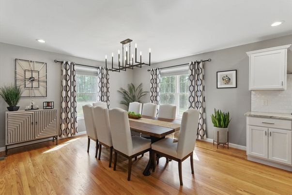 Dining room, Interior, Pendant Lights, Recessed Lighting, Wood Texture Flooring