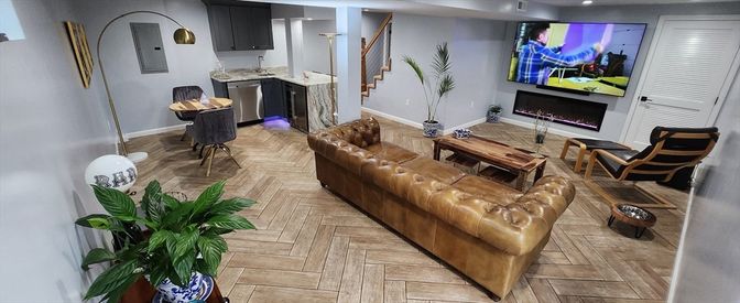 Fireplace, Interior, Living room, Recessed Lighting, Wood Texture Flooring