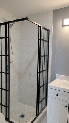Bathroom, Glass Shower, Interior, Marble Walls