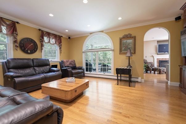 Fireplace, Interior, Living room, Recessed Lighting, Wood Texture Flooring