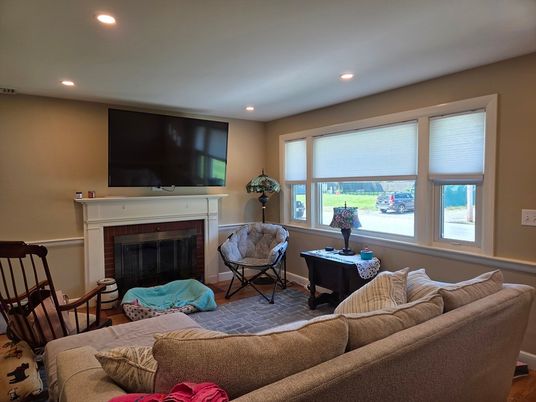 Fireplace, Interior, Living room, Recessed Lighting, Wood Texture Flooring