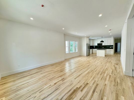 Empty room, Interior, Kitchen, Pendant Lights, Recessed Lighting, Wood Texture Flooring