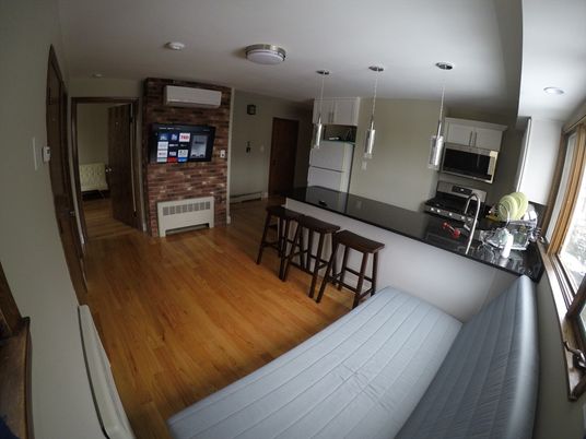 Interior, Kitchen, Pendant Lights, Recessed Lighting, Stone Walls, Wood Texture Flooring