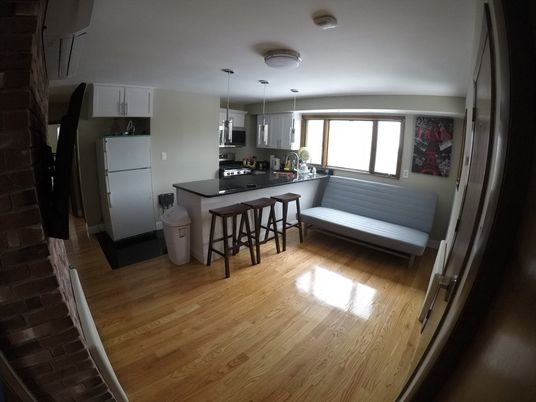 Interior, Kitchen, Pendant Lights, Wood Texture Flooring