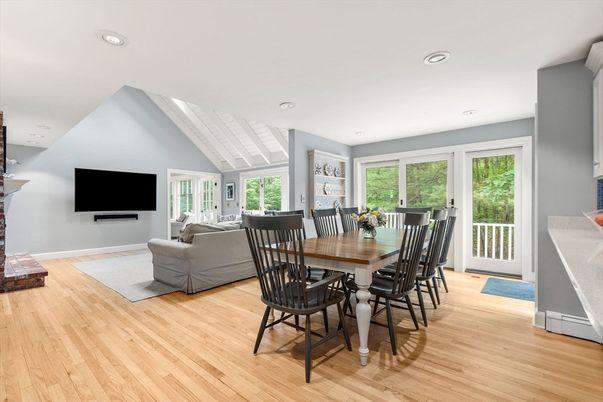 Dining room, Interior, Living room, Recessed Lighting, Wood Texture Flooring