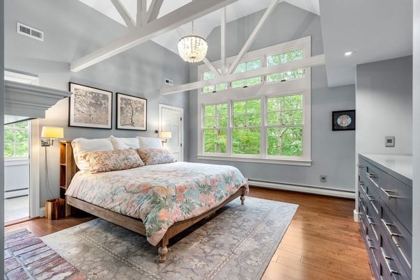 Bedroom, Chandelier, Interior, Pendant Lights, Recessed Lighting, Wood Texture Flooring