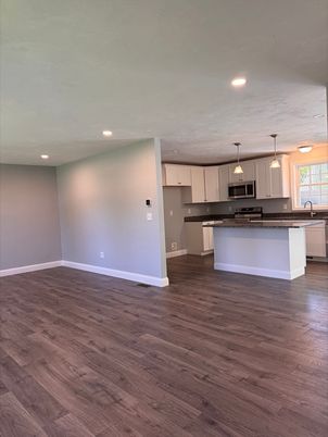 Empty room, Interior, Kitchen, Pendant Lights, Recessed Lighting, Wood Texture Flooring
