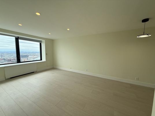 Empty room, Interior, Pendant Lights, Recessed Lighting, Wood Texture Flooring