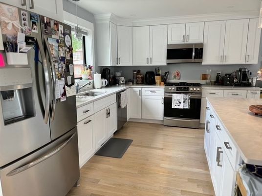 Interior, Kitchen, Pendant Lights, Stainless Steel Appliances, Wood Texture Flooring
