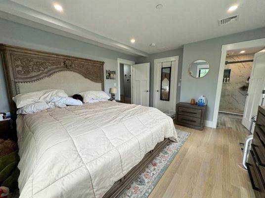 Bedroom, Interior, Marble Walls, Recessed Lighting, Wood Texture Flooring