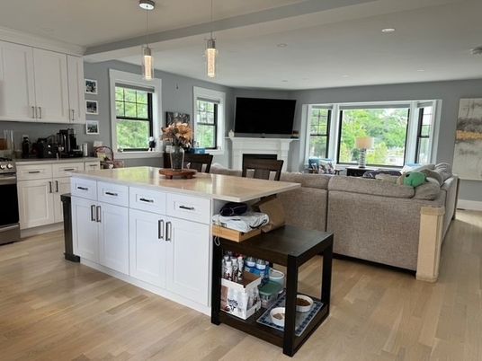 Fireplace, Interior, Kitchen, Living room, Pendant Lights, Recessed Lighting, Wood Texture Flooring