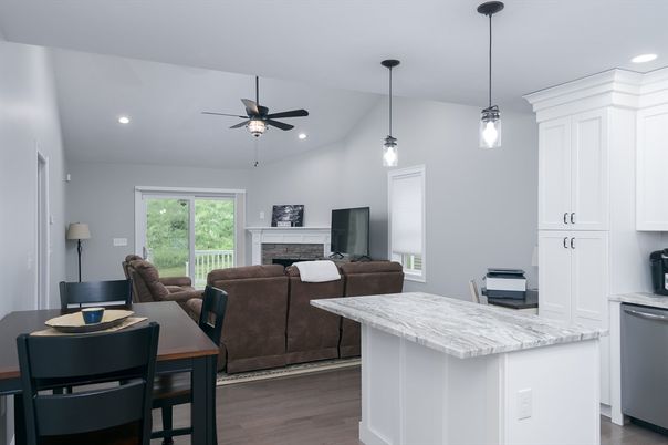 Dining room, Fireplace, Interior, Kitchen, Living room, Pendant Lights, Recessed Lighting, Wood Texture Flooring
