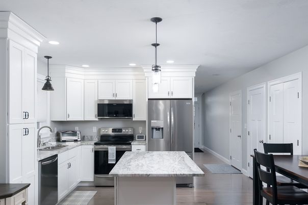 Interior, Kitchen, Pendant Lights, Recessed Lighting, Stainless Steel Appliances, Wood Texture Flooring