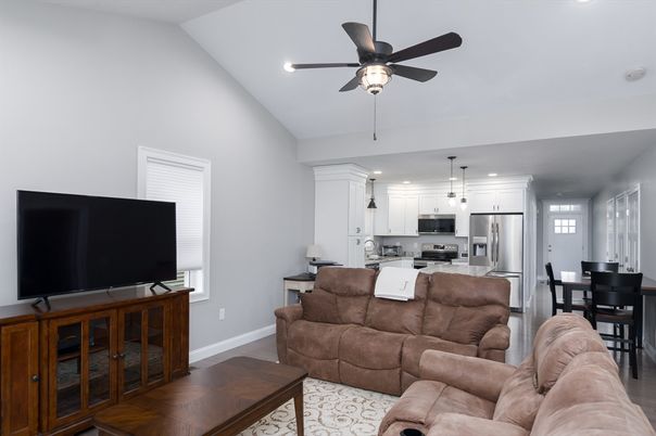 Dining room, Interior, Kitchen, Living room, Pendant Lights, Recessed Lighting, Stainless Steel Appliances, Wood Texture Flooring