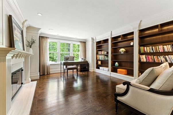 Fireplace, Home Office, Interior, Recessed Lighting, Wood Texture Flooring