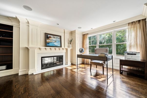 Fireplace, Home Office, Interior, Recessed Lighting, Wood Texture Flooring
