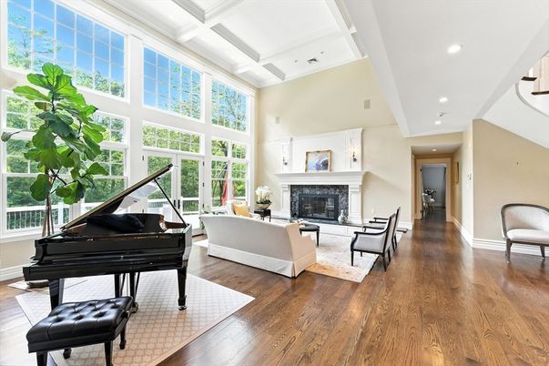 Fireplace, Interior, Living room, Piano, Recessed Lighting, Wood Texture Flooring