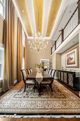 Chandelier, Dining room, Interior, Recessed Lighting, Wood Texture Flooring