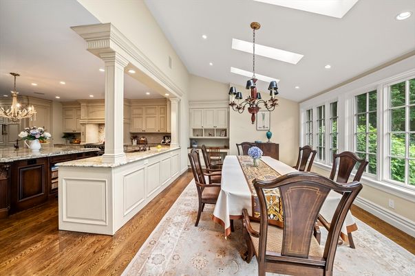 Chandelier, Dining room, Interior, Kitchen, Recessed Lighting, Wood Texture Flooring