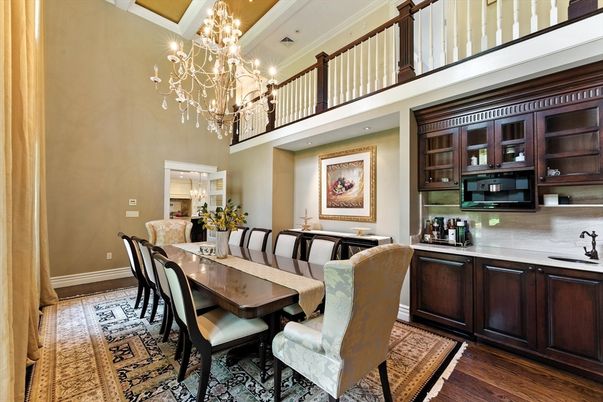 Chandelier, Dining room, Interior, Recessed Lighting, Wood Texture Flooring