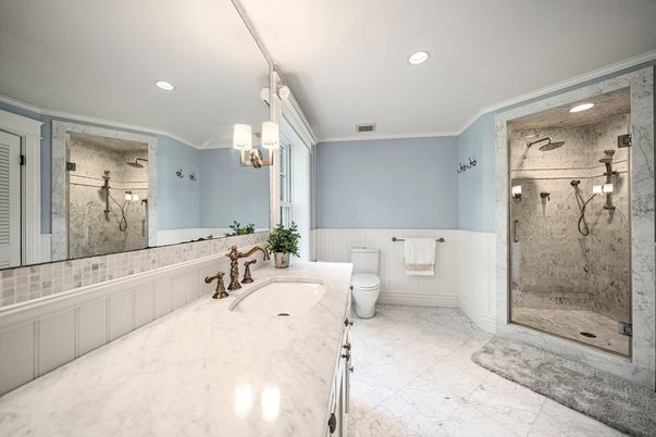 Bathroom, Glass Shower, Interior, Marble, Recessed Lighting